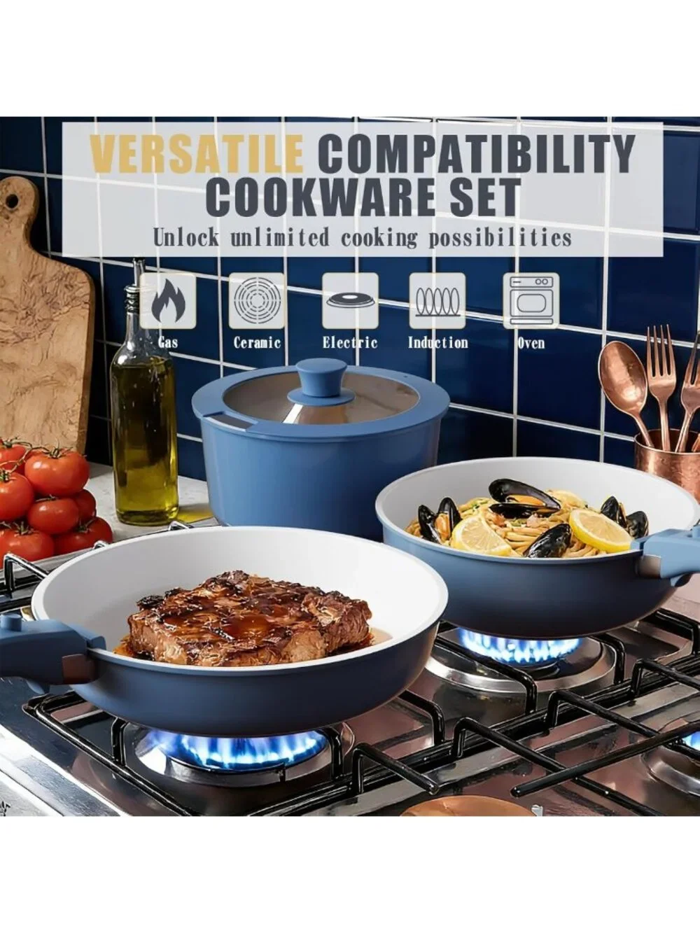 Non-Stick Ceramic Cookware Set, 21 Pcs Induction Pots & Pans with Utensils